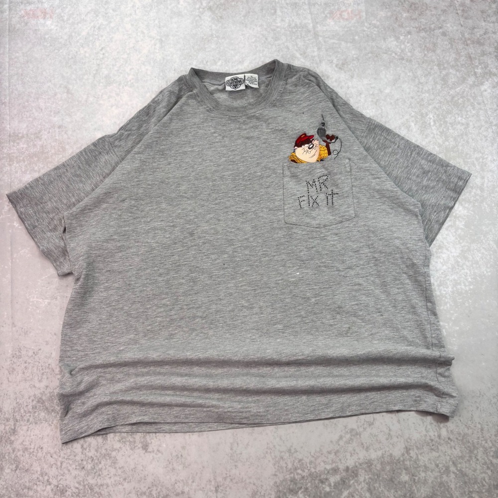 Vintage 90s Looney Tunes Taz Mr Fix It Pocket T-Shirt XL Gray Acme Clothing
